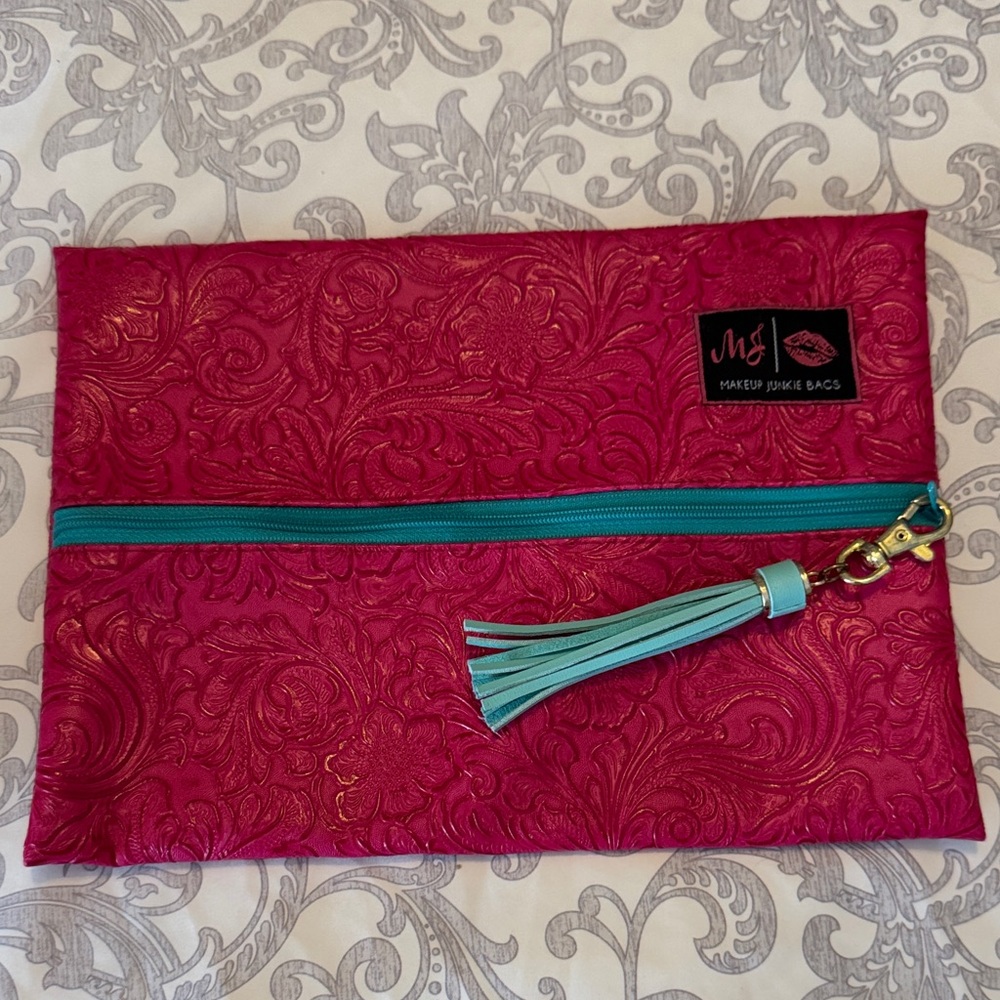 Makeup Junkie Pink Embossed with Teal Zipper